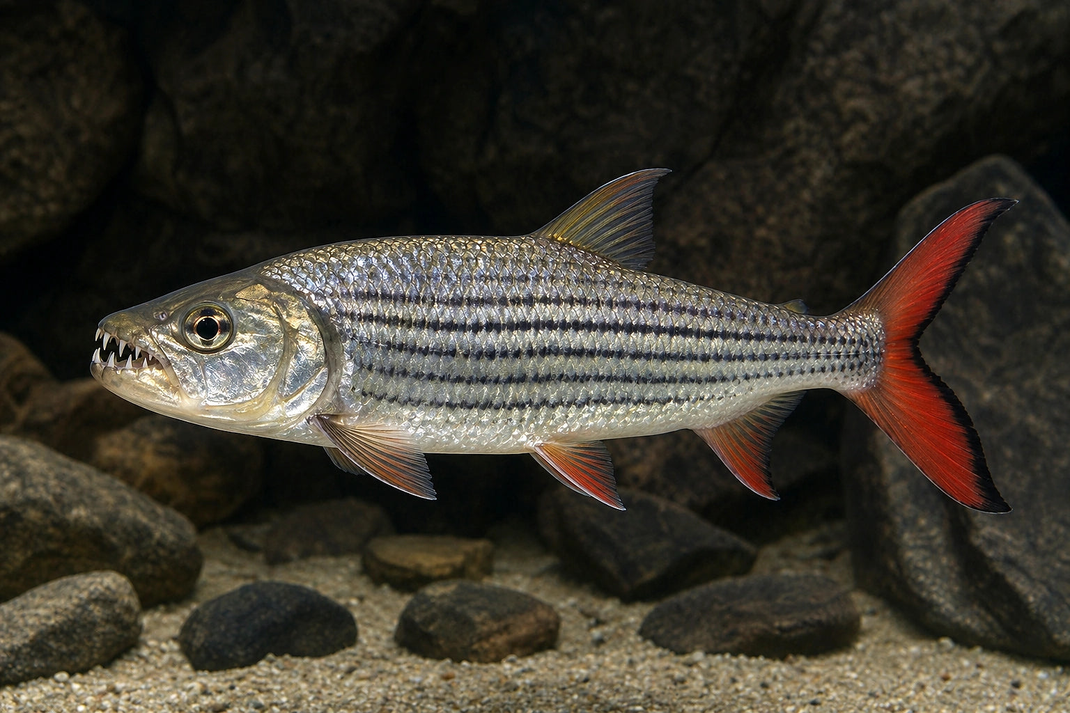 African Tigerfish (Hydrocynus vittatus) in a large freshwater aquarium - AI-generated reference image