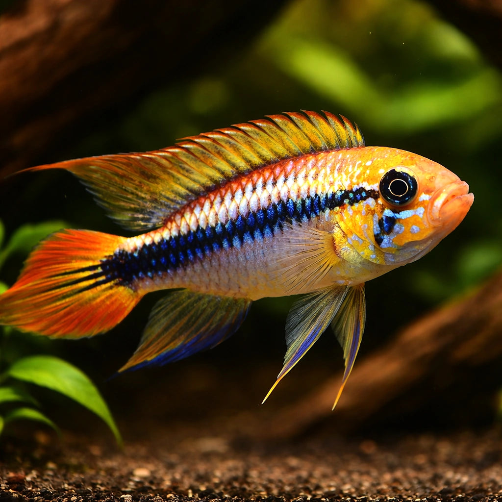 Agassiz' Dwarf Cichlid gold red (Apistogramma agassizi gold red) - Cichlid Fish for Sale UK — AI hero driftwood view