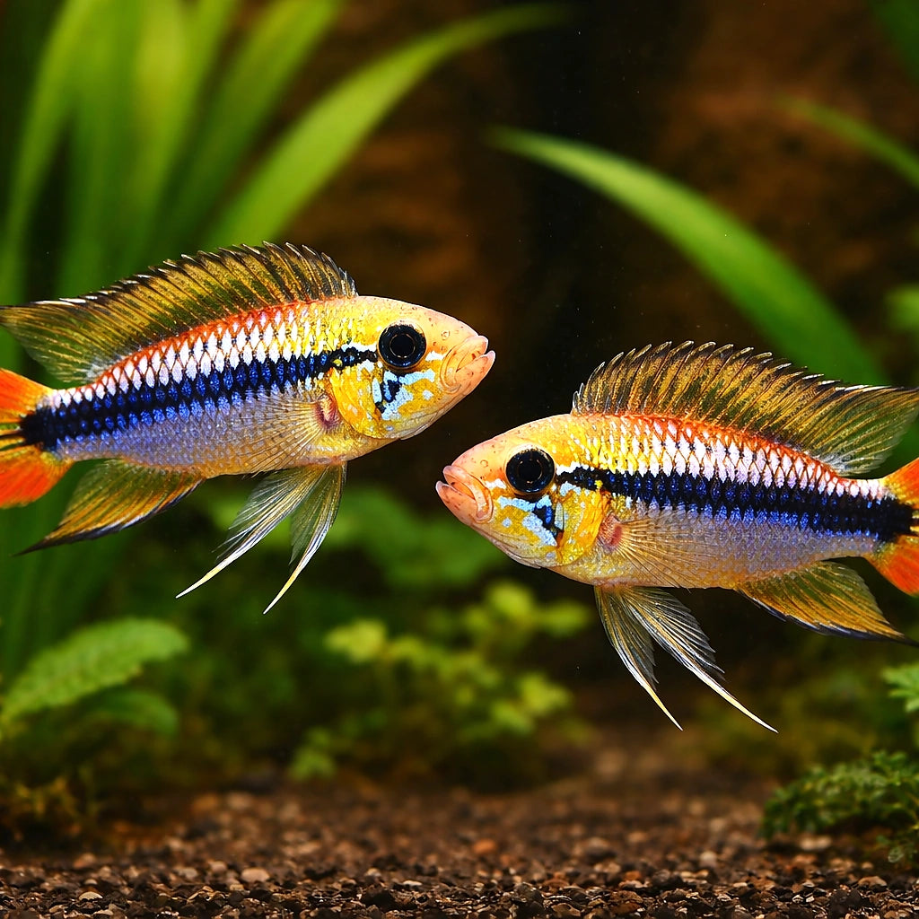 Agassiz' Dwarf Cichlid gold red (Apistogramma agassizi gold red) - Cichlid Fish for Sale UK — AI pair planted view