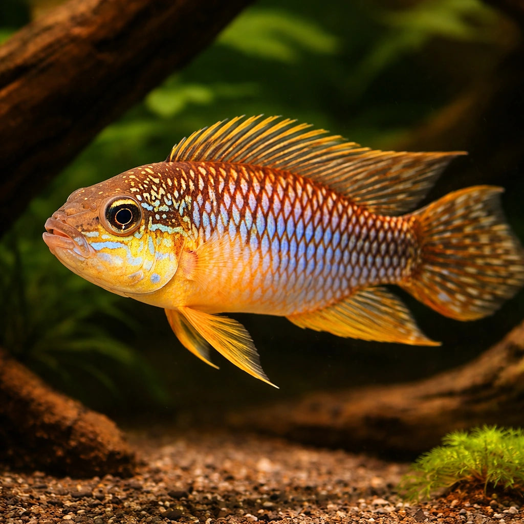 Agassiz' Dwarf Cichlid Santerem — tropical fish for sale UK — AI hero driftwood view