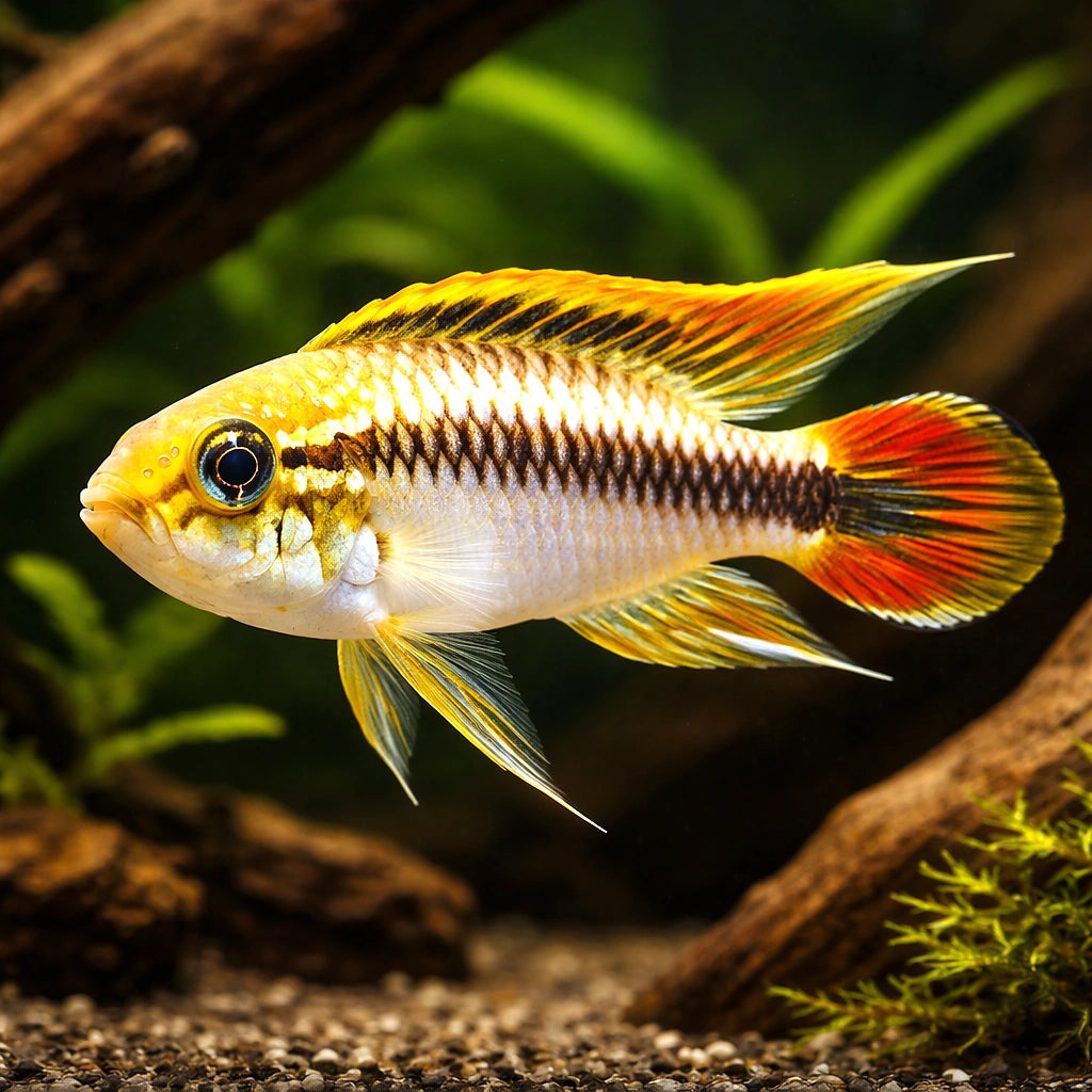 Agassiz´s blue dwarf cichlid — tropical fish for sale UK — AI hero driftwood view