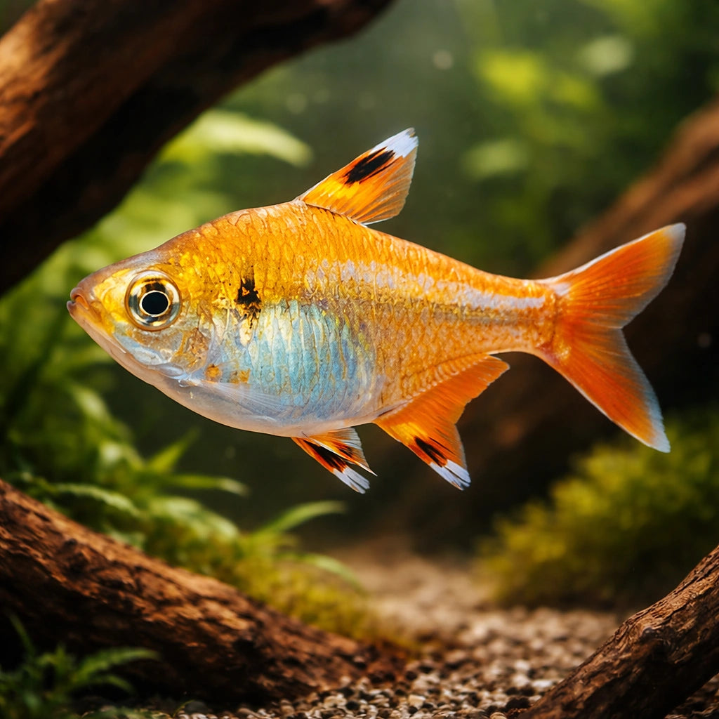 Albino Pristella — tropical fish for sale UK — AI hero driftwood view