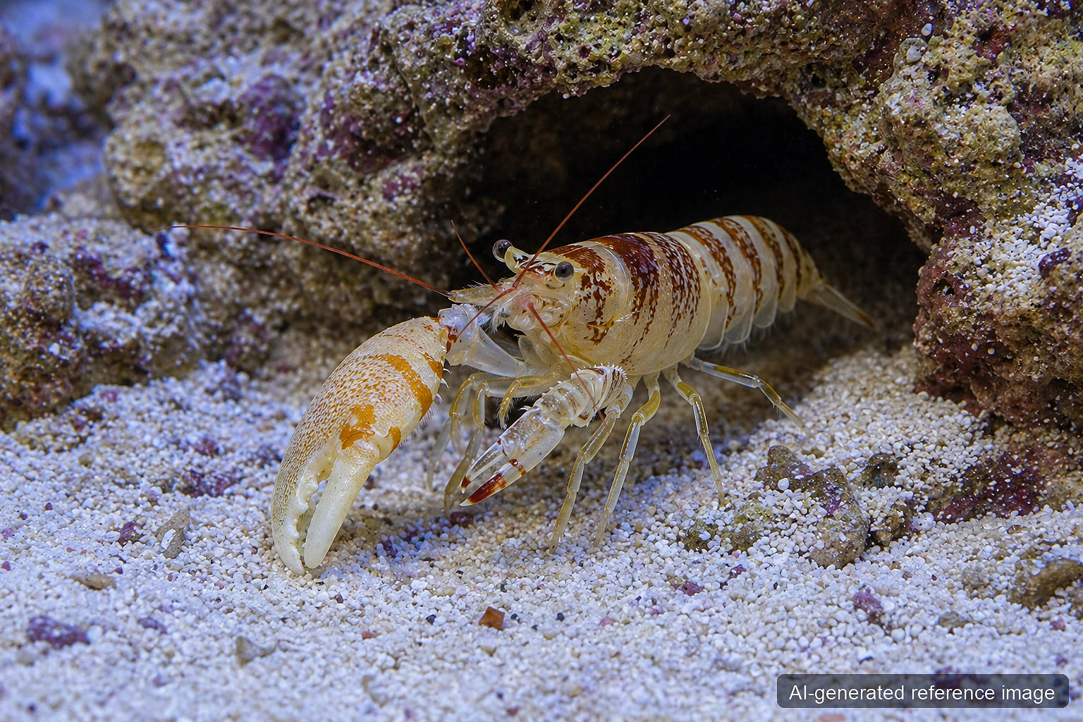 Tiger Pistol Shrimp Alpheus bellulus with banded body and oversized snapping claw - AI-generated reference image