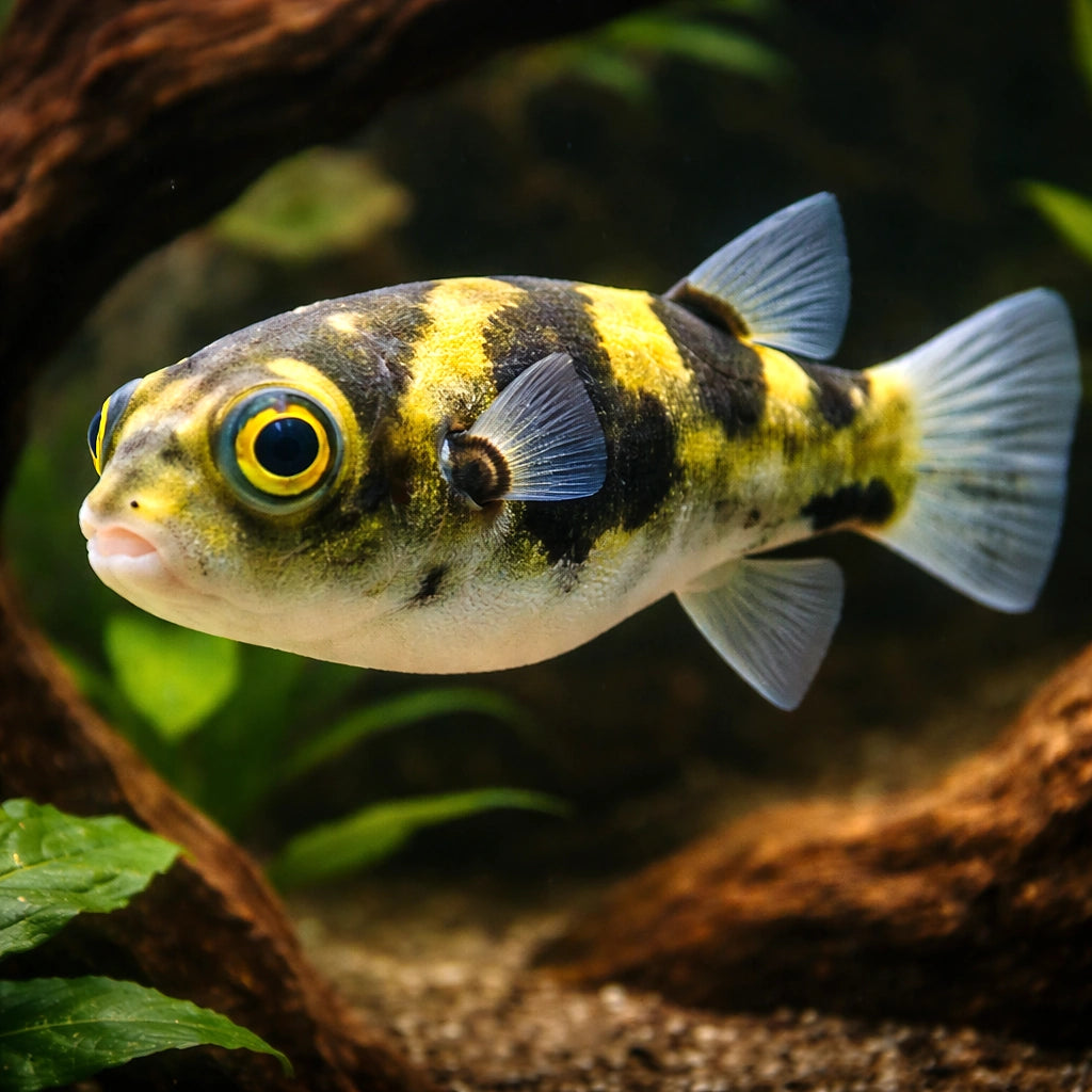 Amazon Puffer — tropical fish for sale UK — AI hero driftwood view