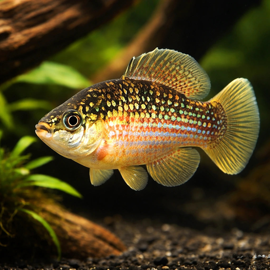 American Flagfish — tropical fish for sale UK — AI hero driftwood view
