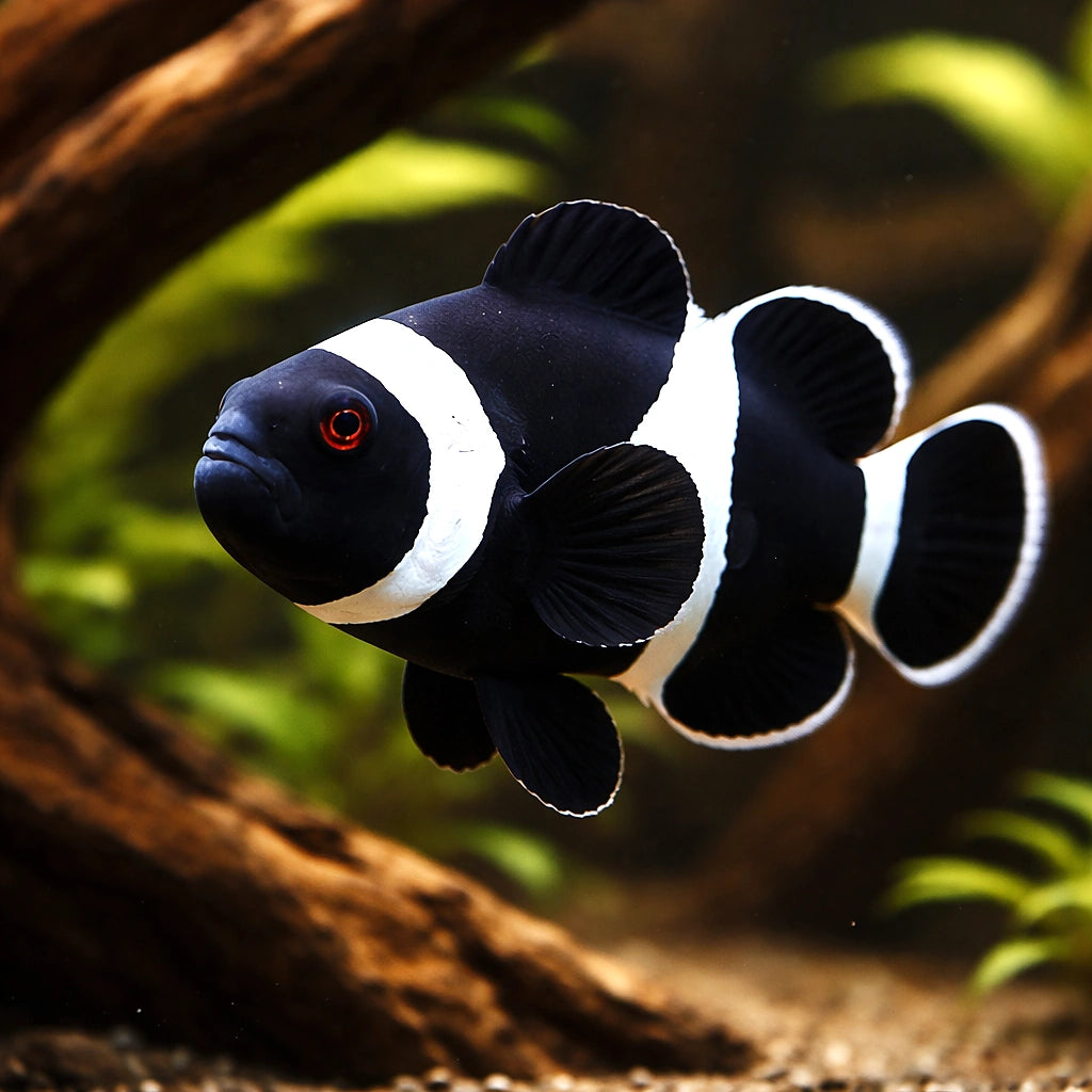 Amphiprion Ocellaris Black Clown Fish for UK Aquarists — tropical fish for sale UK — AI hero driftwood view