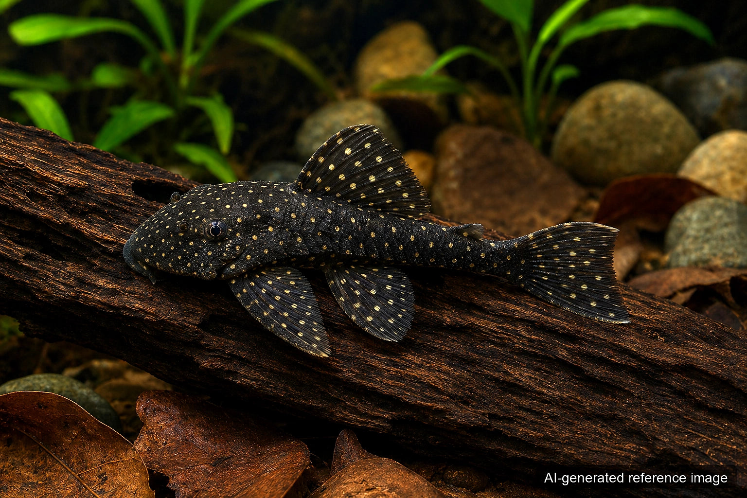 Ancistrus L59 juvenile bristlenose pleco with dark spotted body on driftwood - AI-generated reference image