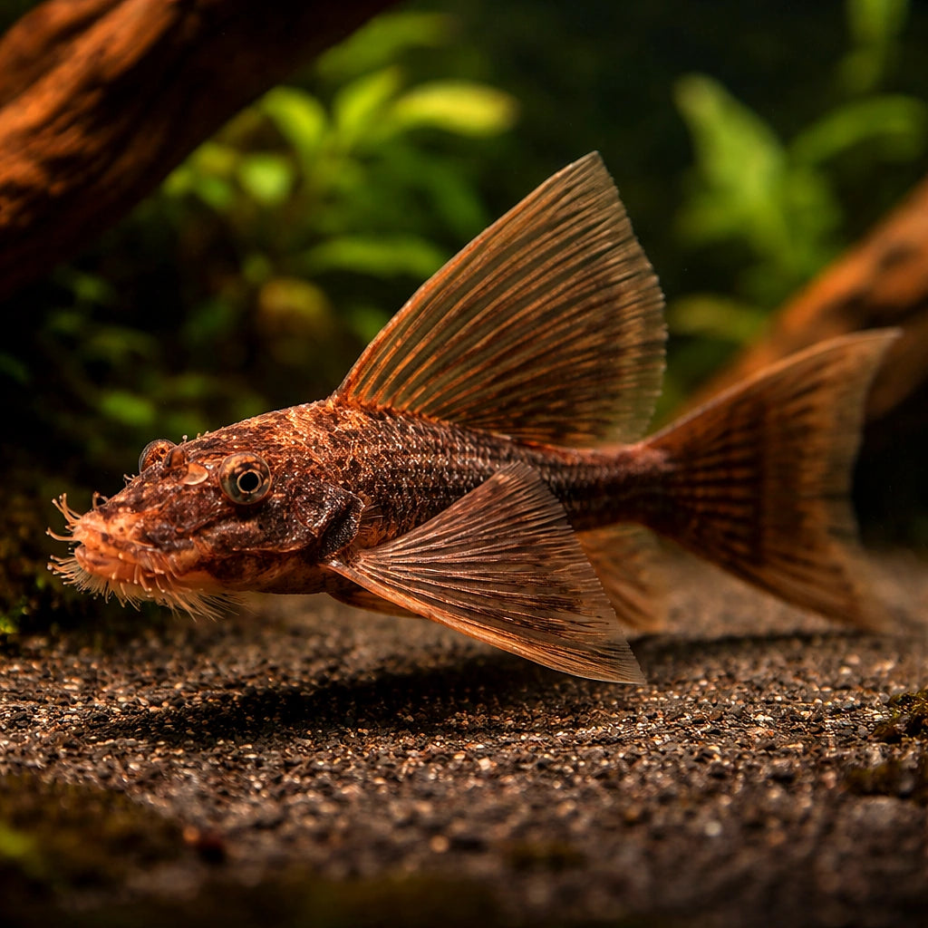 Long Fin Guama Bristlenose Pleco - Ancistrus Sp. LDA016 Long Fin - South America, Easy-Care Algae-Eater, Perfect for Beginners Looking to Create a Low-Maintenance Fish Tank, Stunning Algae Control for Freshwater Tanks — for sale UK — AI hero driftwood view