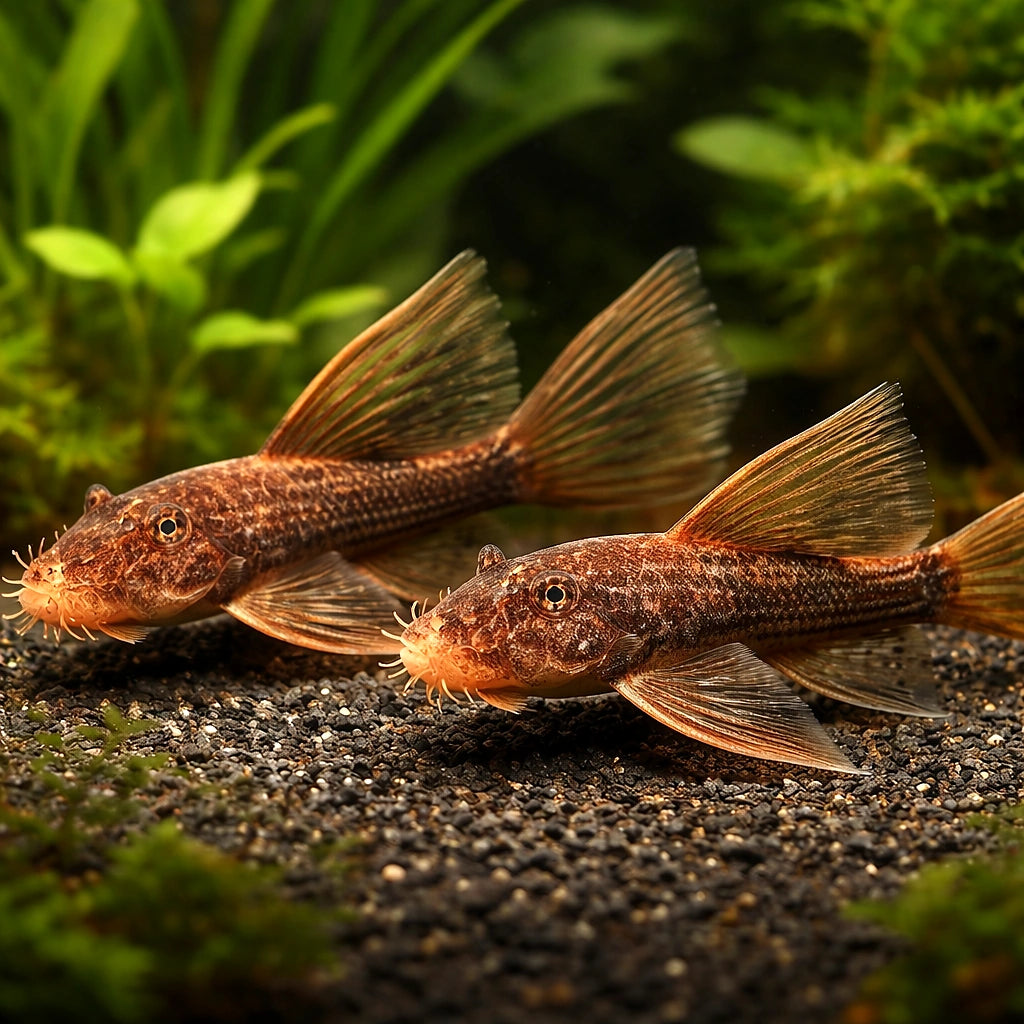 Long Fin Guama Bristlenose Pleco - Ancistrus Sp. LDA016 Long Fin - South America, Easy-Care Algae-Eater, Perfect for Beginners Looking to Create a Low-Maintenance Fish Tank, Stunning Algae Control for Freshwater Tanks — for sale UK — AI pair planted view