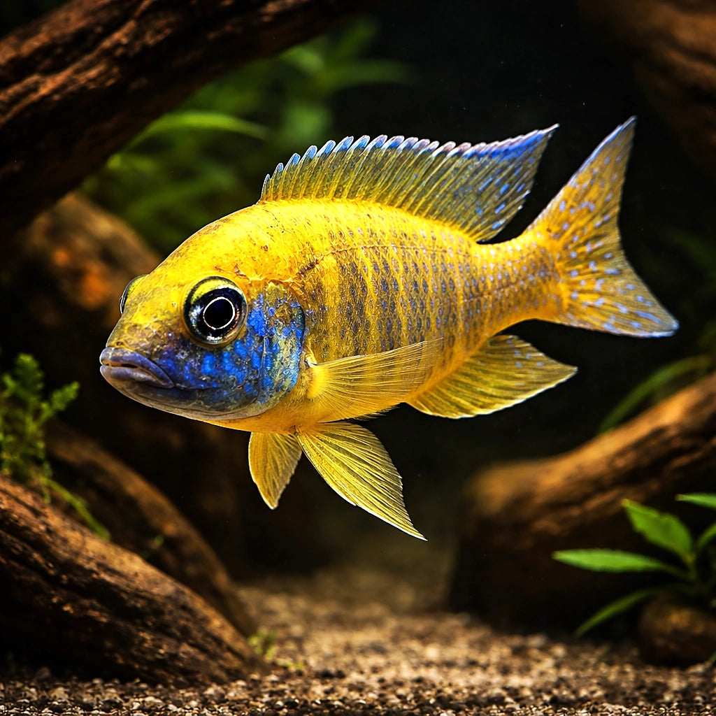 Nkhomo-Benga Peacock Cichlid (Aulonocara baenschi) (Aulonocara baenschi) — A brilliantly coloured Peacock cichlid endemic to…