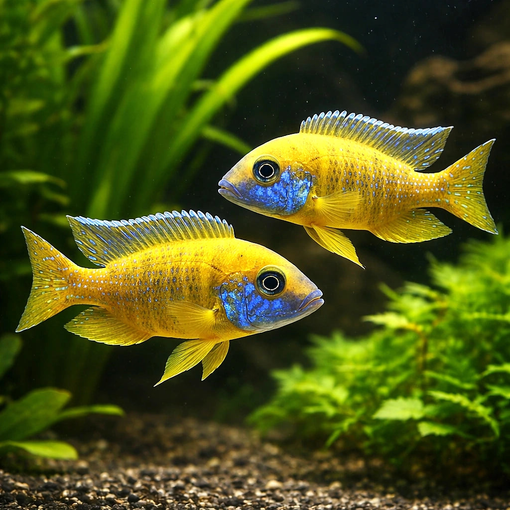 Nkhomo-Benga Peacock Cichlid (Aulonocara baenschi) (Aulonocara baenschi) — A brilliantly coloured Peacock cichlid endemic to…