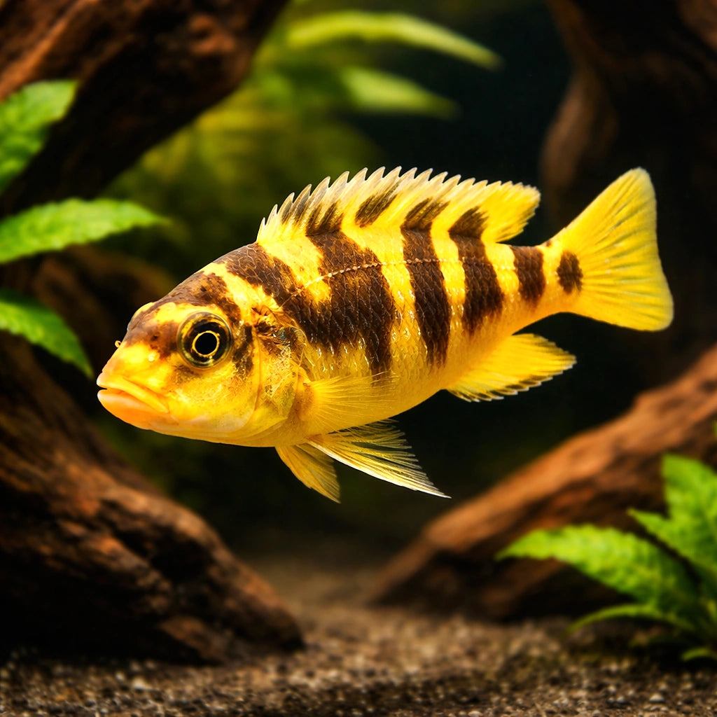 Pseudotropheus crabro (Bumblebee Cichlid) - UK (Pseudotropheus crabro) — Bold bumblebee cichlid with striking yellow and…