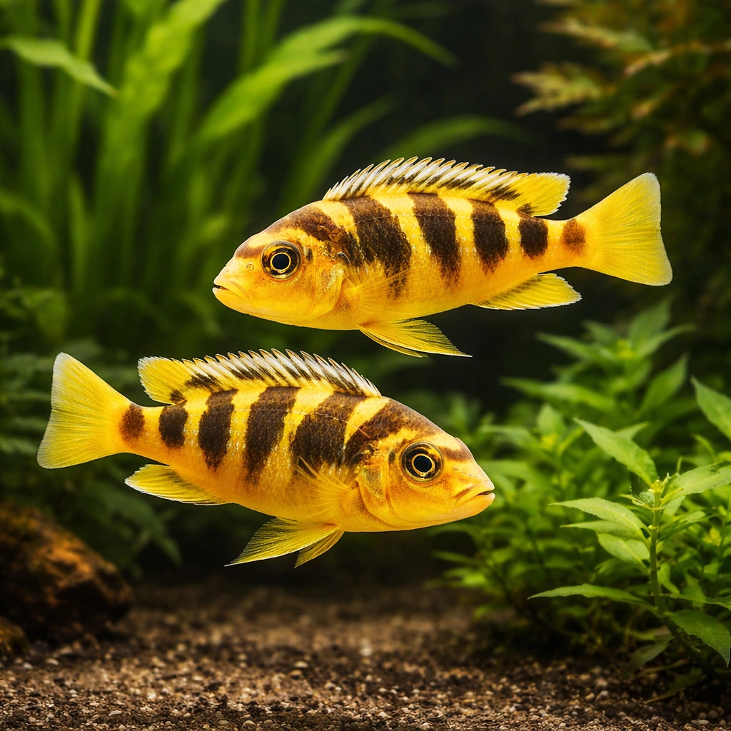 Pseudotropheus crabro (Bumblebee Cichlid) - UK (Pseudotropheus crabro) — Bold bumblebee cichlid with striking yellow and…