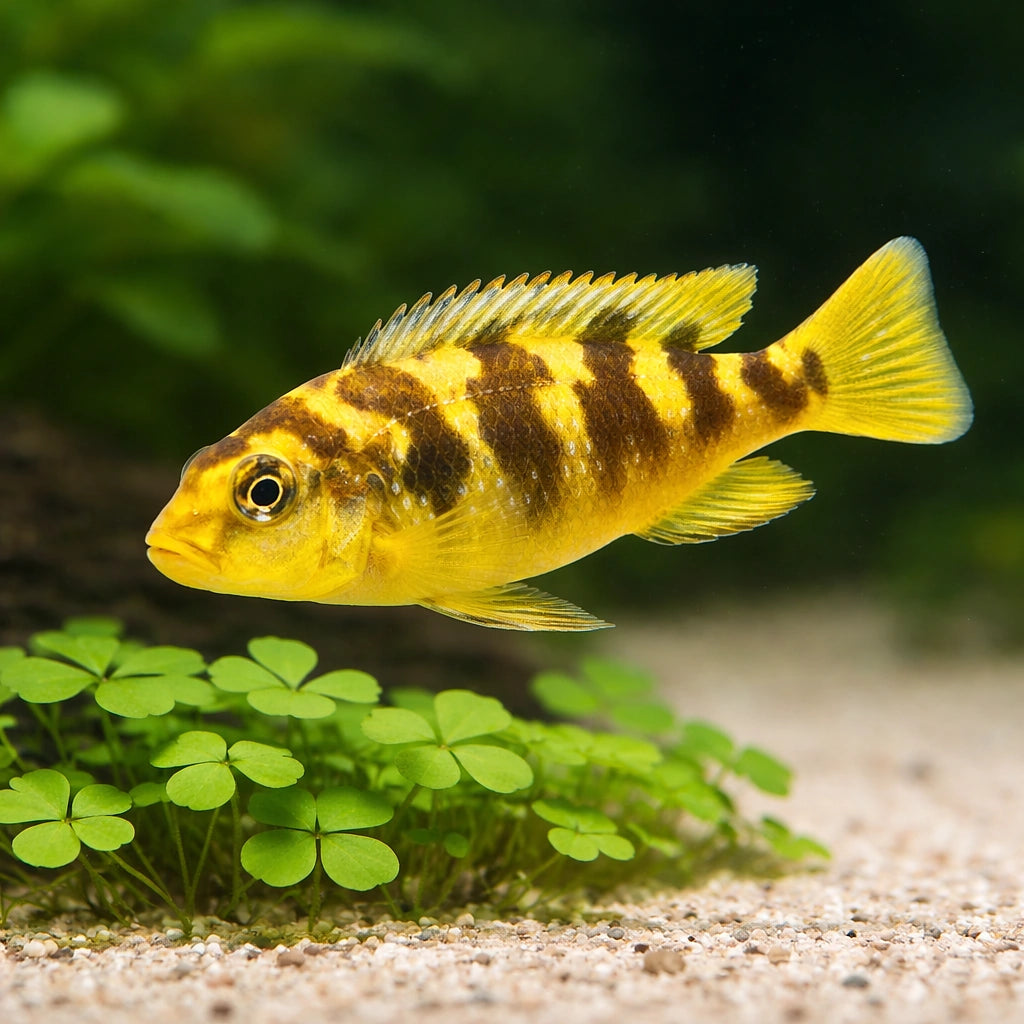 Pseudotropheus crabro (Bumblebee Cichlid) - UK (Pseudotropheus crabro) — Bold bumblebee cichlid with striking yellow and…