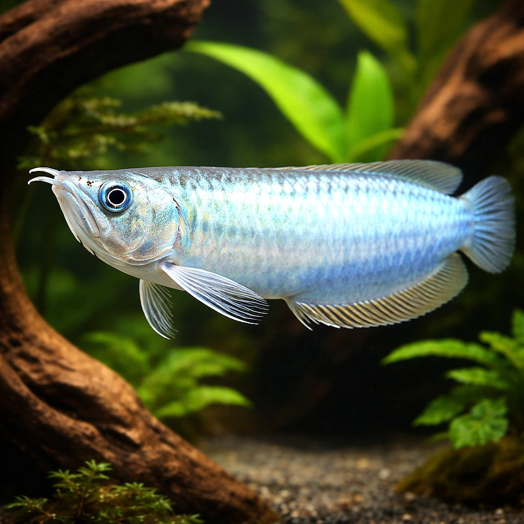 Arawana blue — tropical fish for sale UK — AI hero driftwood view