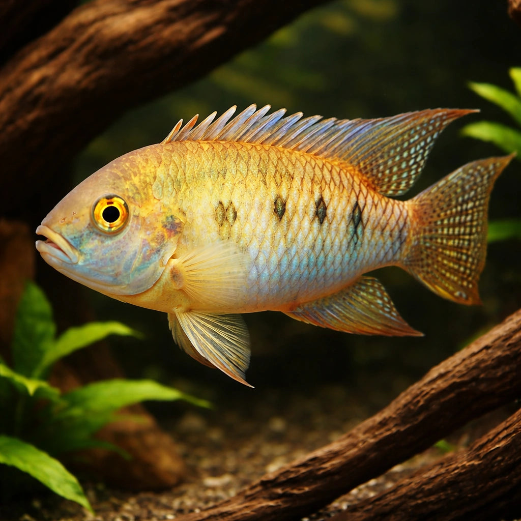 Arnold's Cichlid, Five-Spot — tropical fish for sale UK — AI hero driftwood view