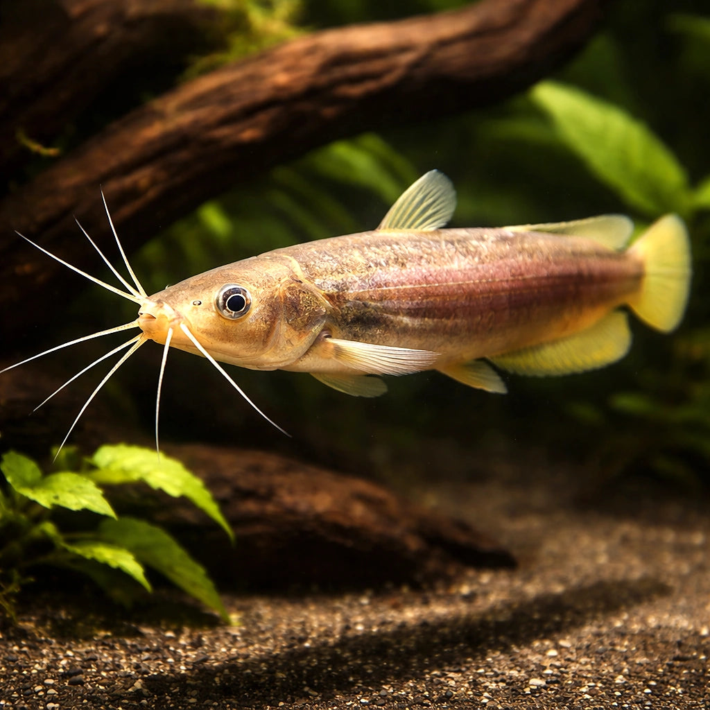 Asiatic Brown Catfish, — tropical fish for sale UK — AI hero driftwood view