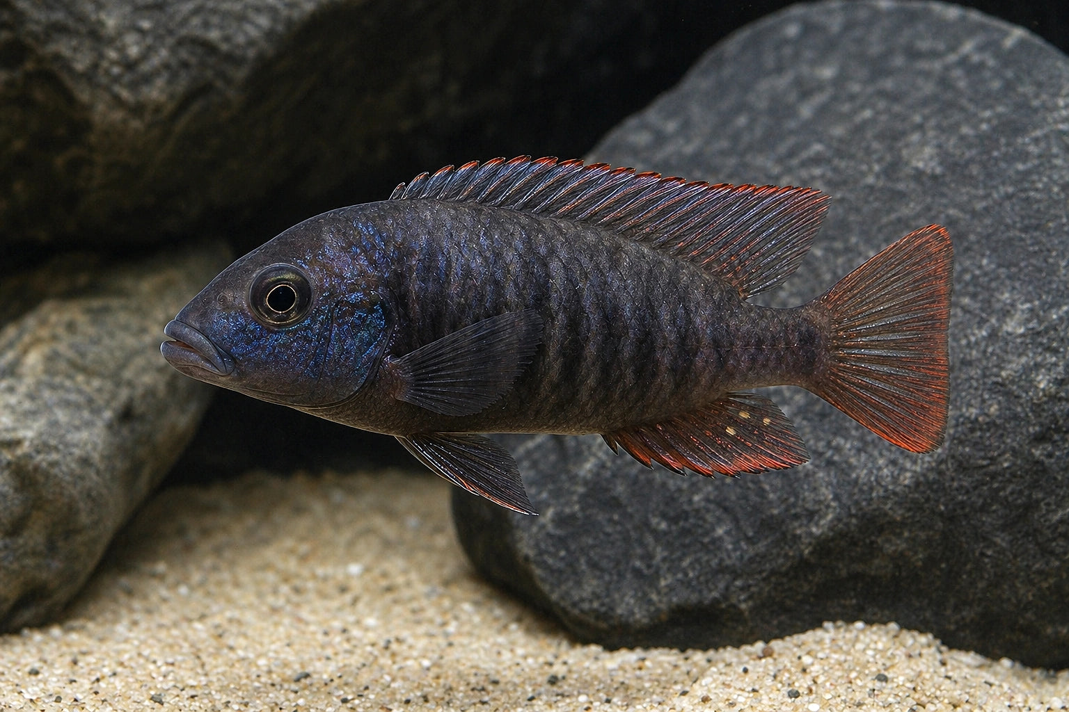 Hap Nubilus (Astatotilapia nubila) juvenile cichlid in a rocky freshwater aquarium - AI-generated reference image