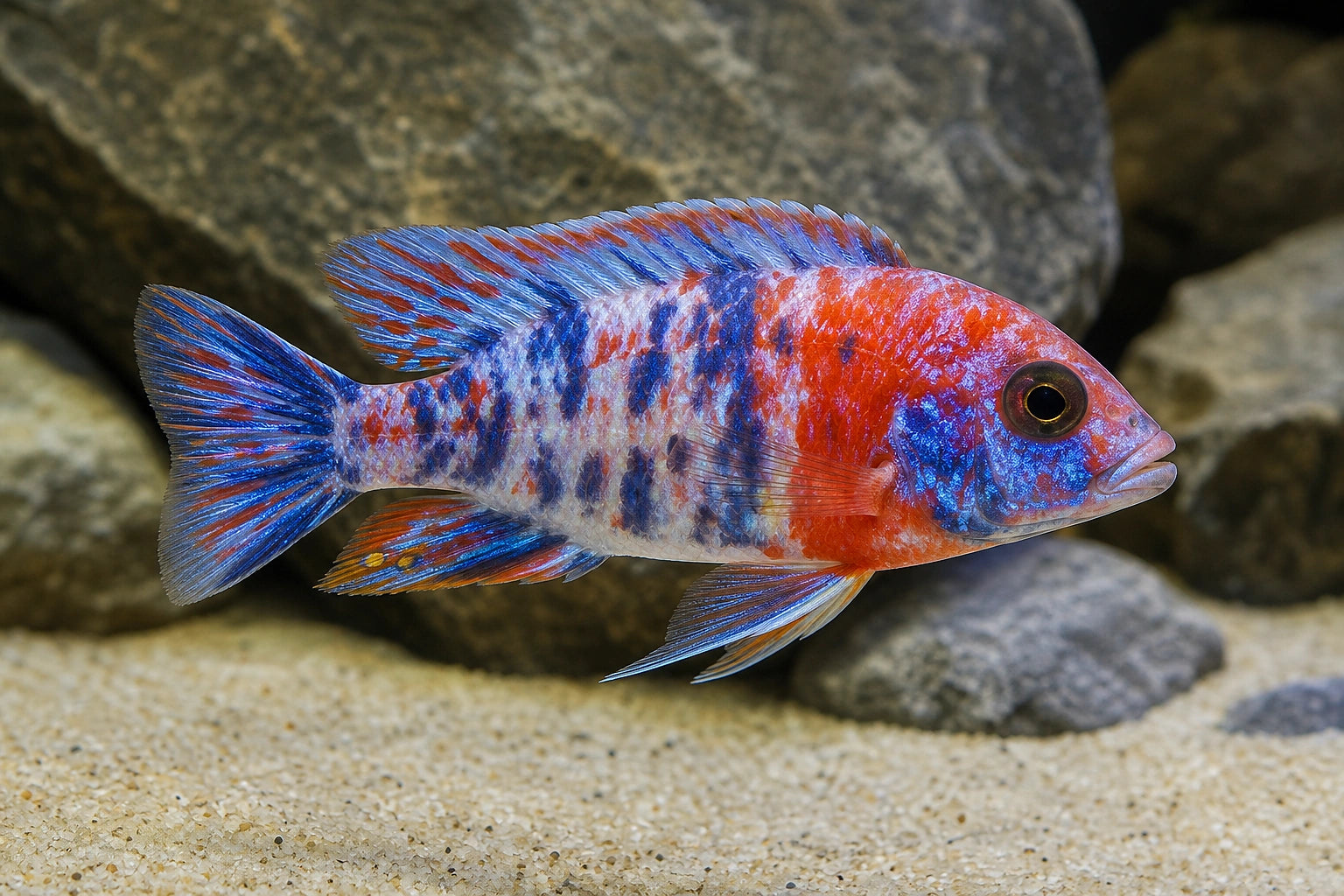 Calico Red Neon Peacock Cichlid (Aulonocara calico red neon) - SKU 0095 owner-approved AI natural aquarium image