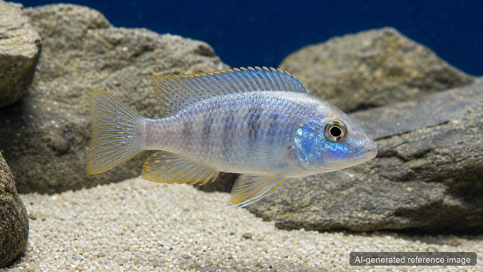 Aulonocara kadensis juvenile Peacock Cichlid with pale blue sheen in Malawi aquarium - AI-generated reference image