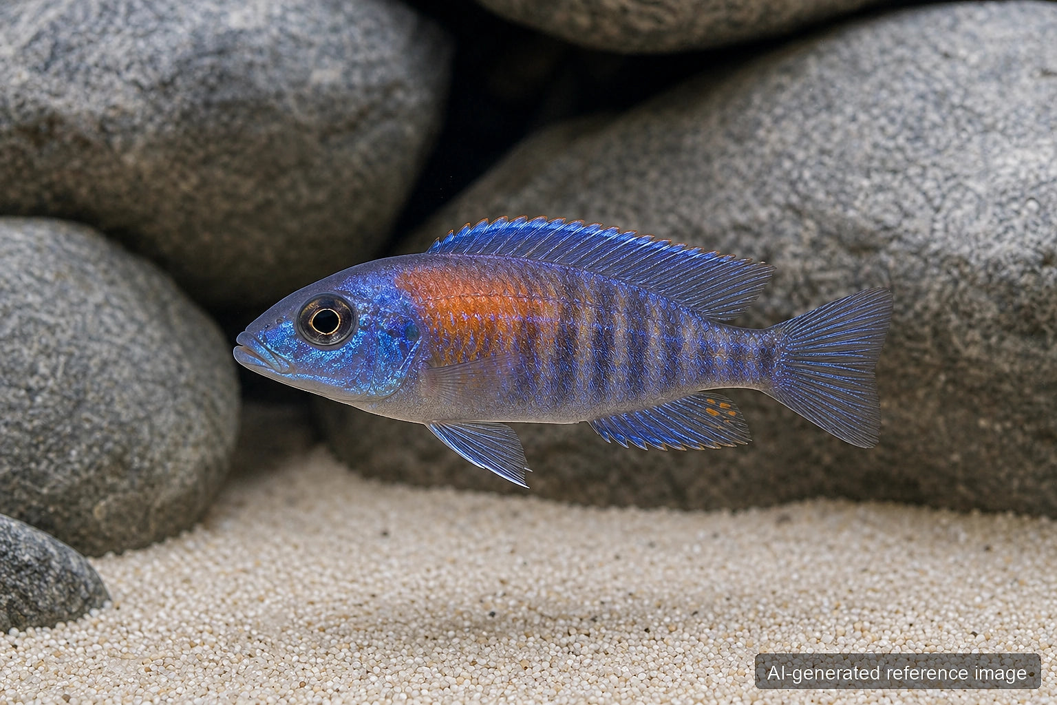 Aulonocara Red Flash peacock cichlid juvenile in a Lake Malawi aquarium - AI-generated reference image
