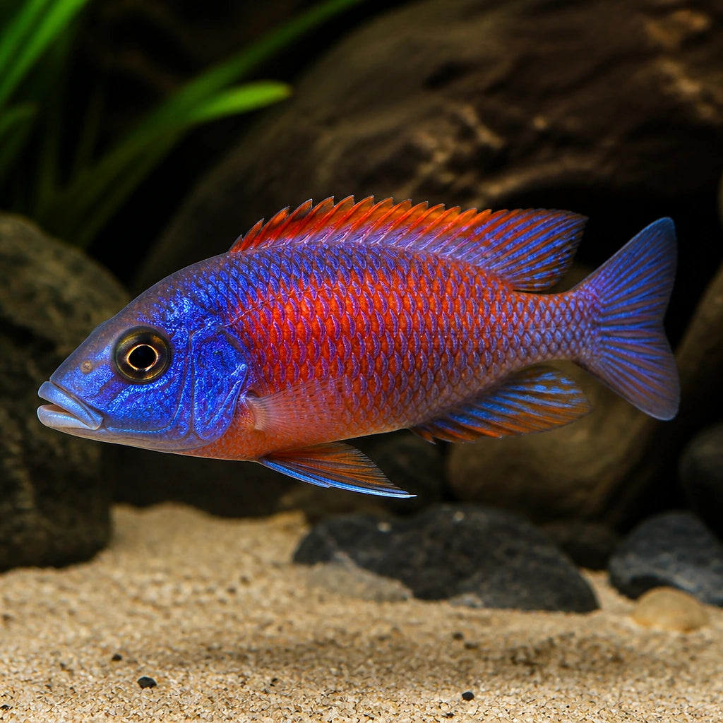 Maulana Bicolor Peacock Cichlid - Aulonocara Stuartgranti «Maulana» - Malawi, Beautiful Aquarium Fish, Easy Care for Beginners, Enhancing Your Tank's Visual Appeal and Harmony — for sale UK — AI natural aquarium view