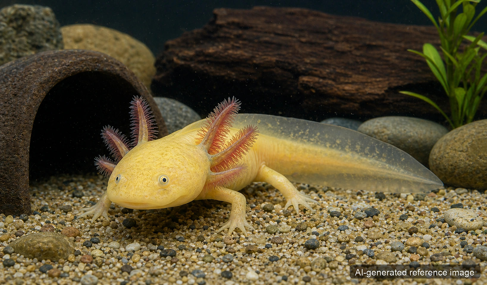 Gold Axolotl Ambystoma mexicanum juvenile with external gills in freshwater aquarium - AI-generated reference image