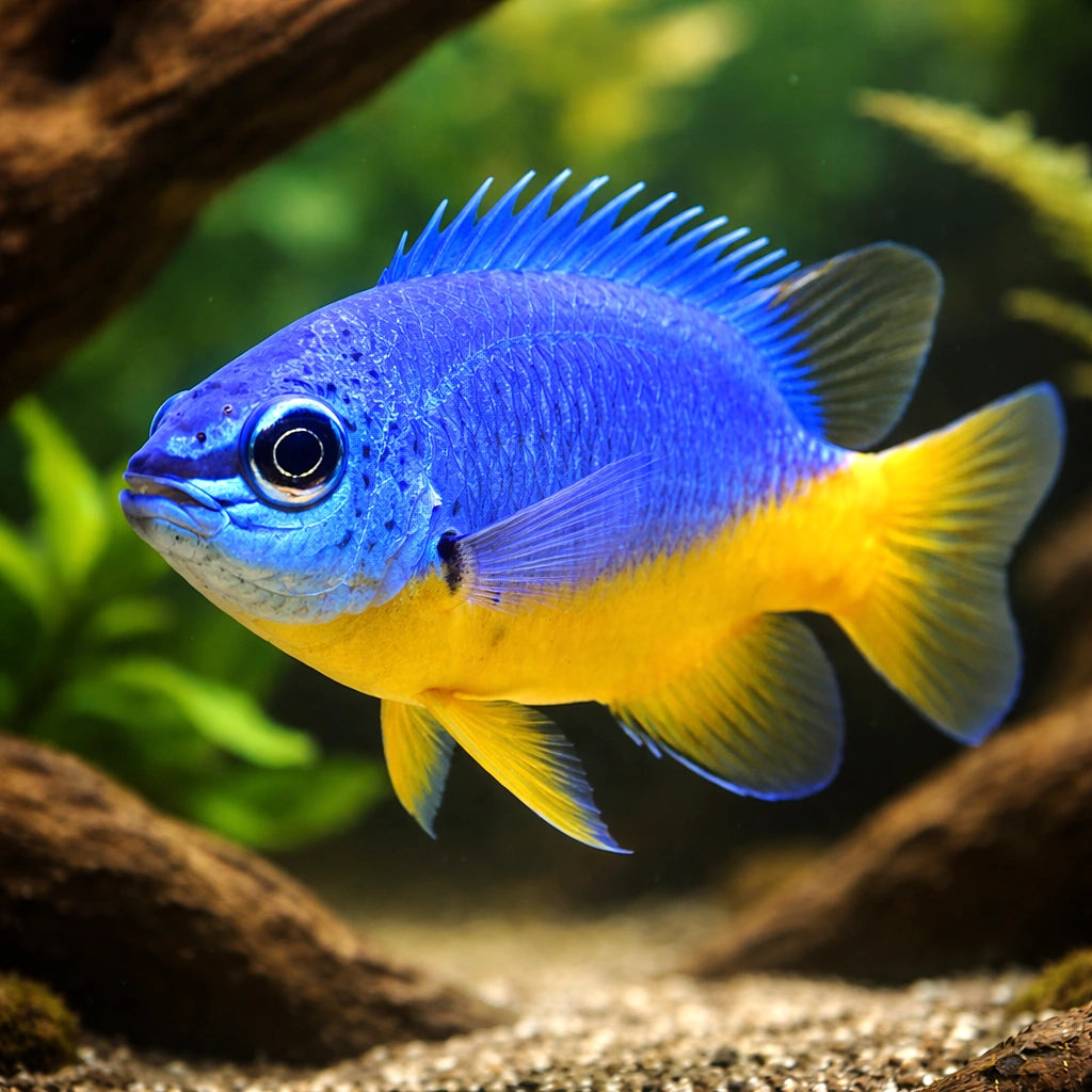 Azure Demoiselle M — tropical fish for sale UK — AI hero driftwood view