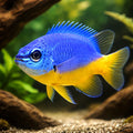 Azure Demoiselle M — tropical fish for sale UK — AI hero driftwood view