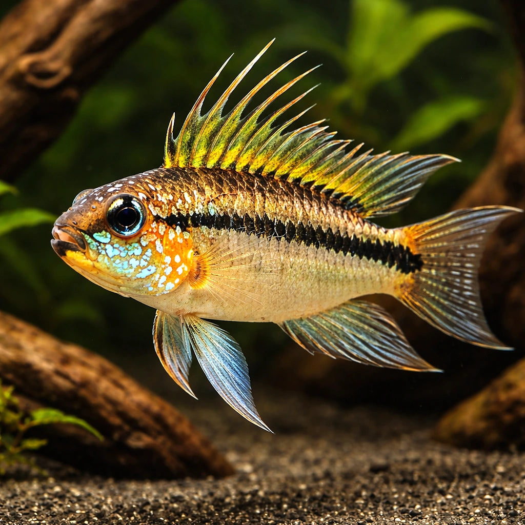 Banded Dwarf Cichlid orange — tropical fish for sale UK — AI hero driftwood view