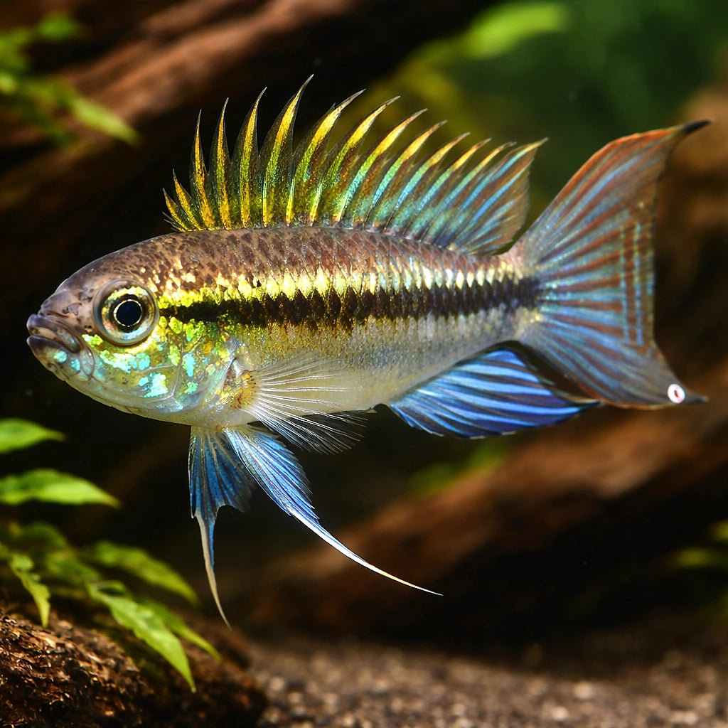 Banded Dwarf Cichlid Peru blue — tropical fish for sale UK — AI hero driftwood view