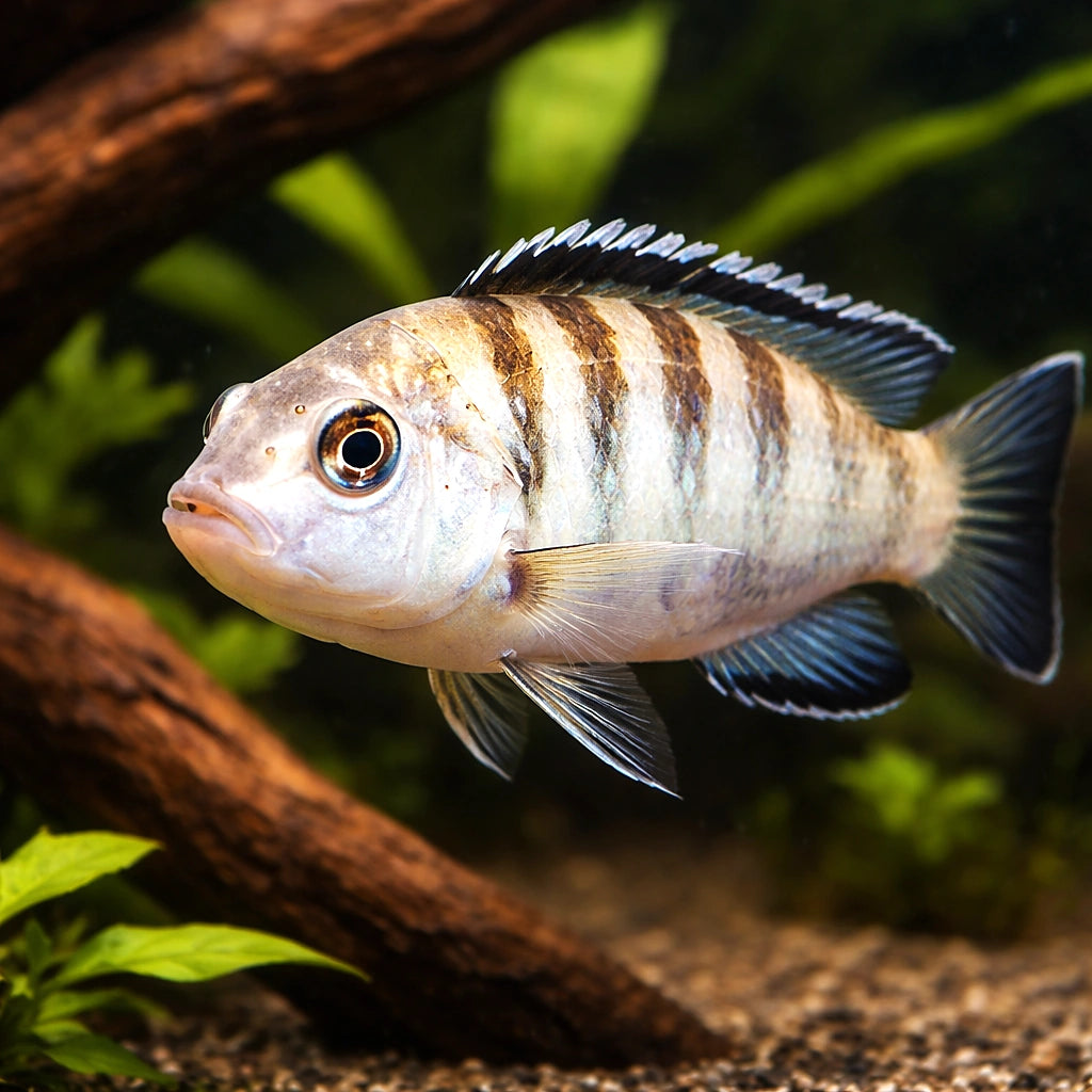 Banded Labido — tropical fish for sale UK — AI hero driftwood view