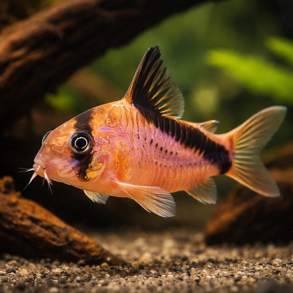 Bandit Corydoras — tropical fish for sale UK — AI hero driftwood view