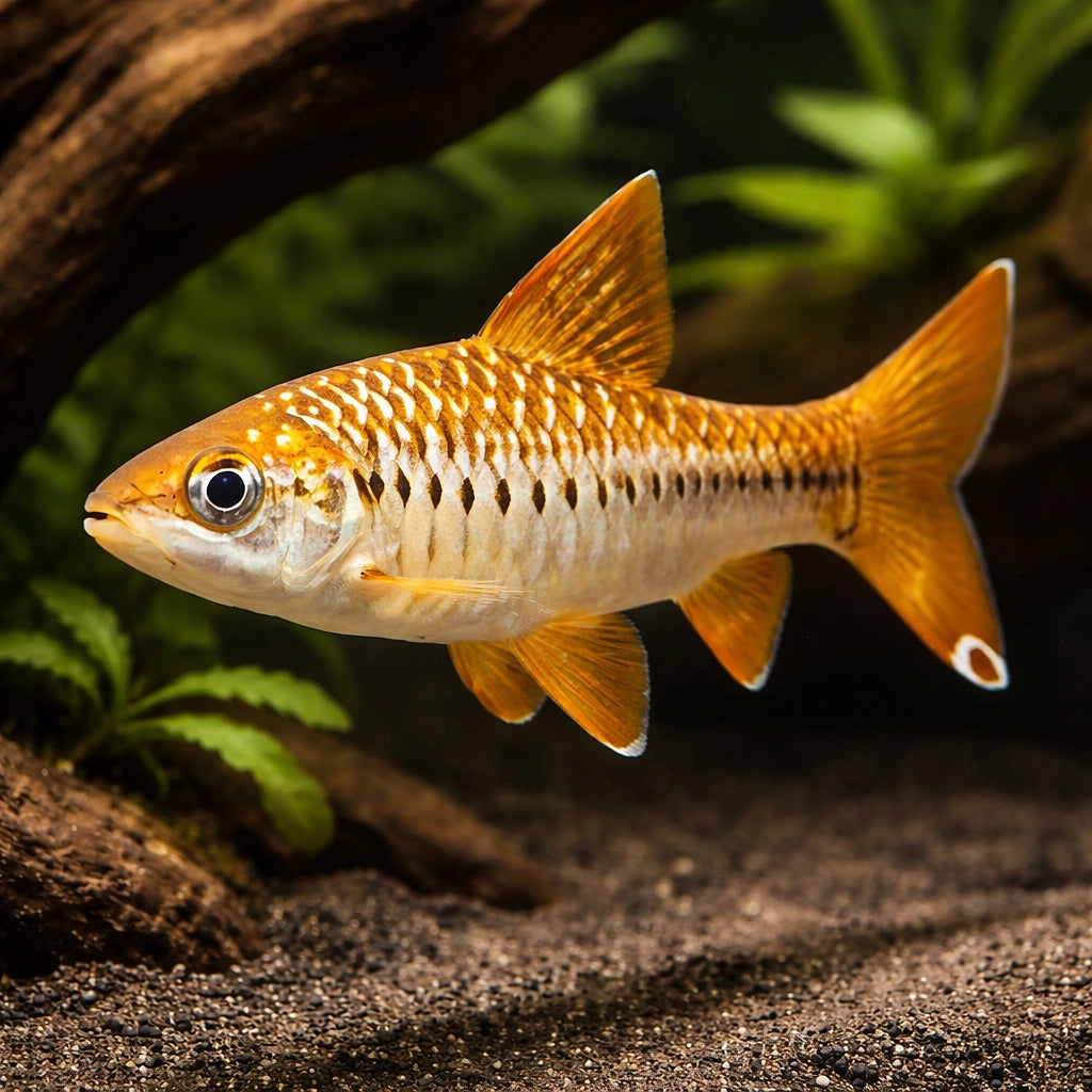 Barbus /Barbodes/ ablabes 3,5 - — tropical fish for sale UK — AI hero driftwood view