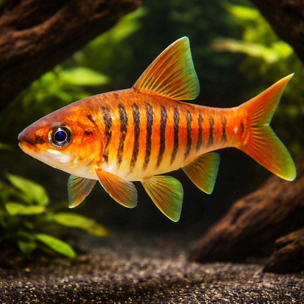 Barbus fasciolatus/ barilioides 3,5 - 4, — tropical fish for sale UK — AI hero driftwood view