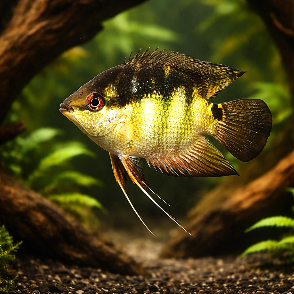 Barred Cichlid — tropical fish for sale UK — AI hero driftwood view