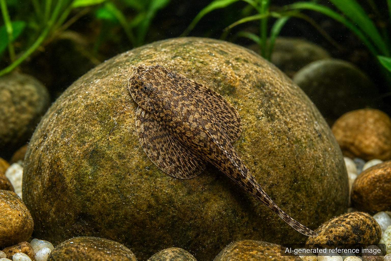 Beaufortia leveretti Chinese Hillstream Loach with flattened mottled body clinging to river stones - AI-generated reference image