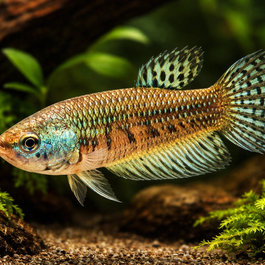 Betta spl. female Alien green L — tropical fish for sale UK — AI hero driftwood view
