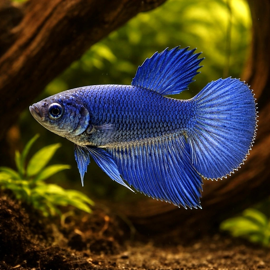 Betta spl. female Halfmoon Blue XL — tropical fish for sale UK — AI hero driftwood view