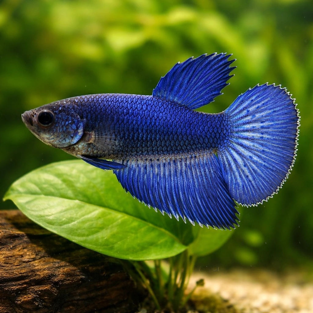 Betta spl. female Halfmoon Blue XL — tropical fish for sale UK — AI scale plant view