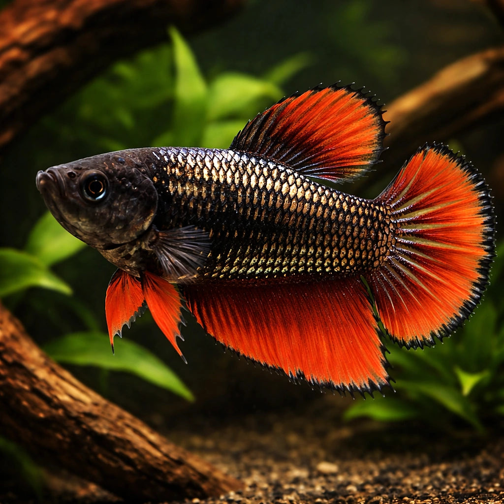 Betta spl. female Halfmoon dragon XL — tropical fish for sale UK — AI hero driftwood view