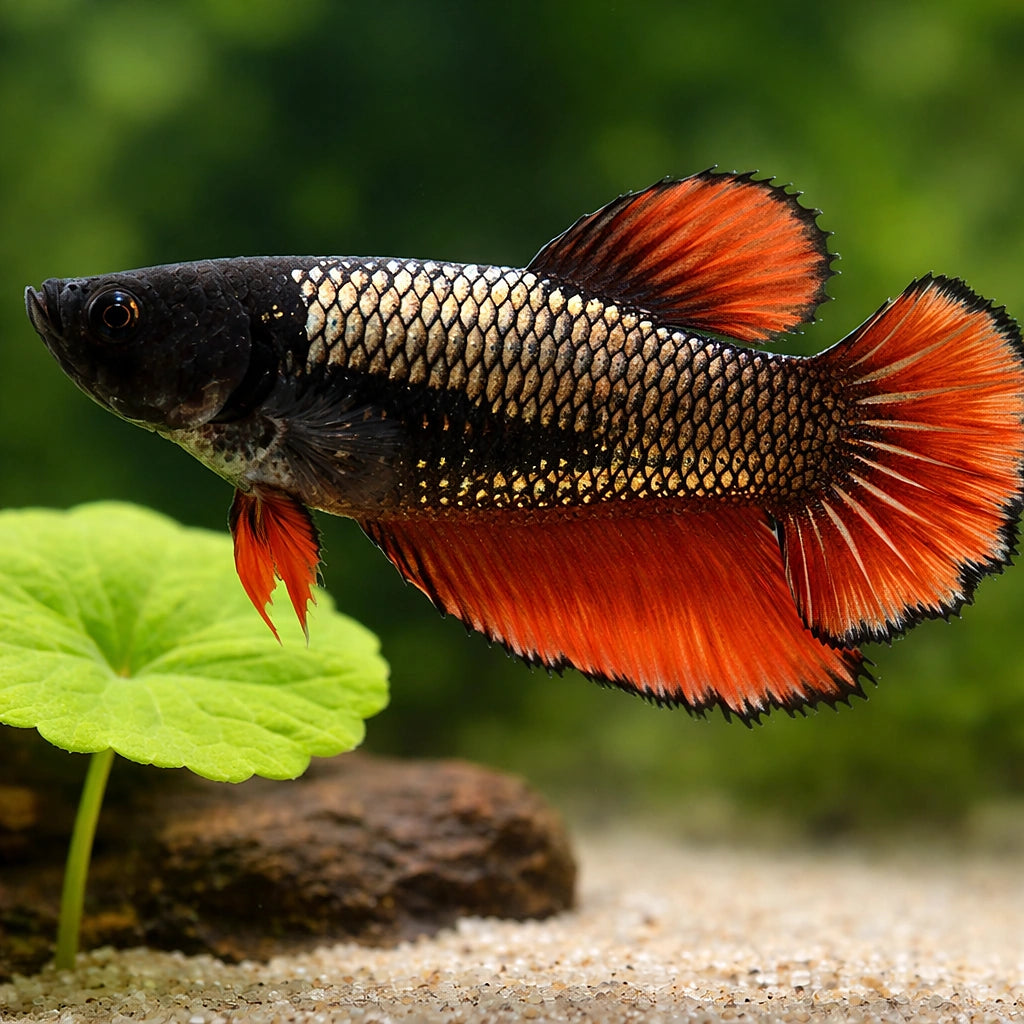Betta spl. female Halfmoon dragon XL — tropical fish for sale UK — AI scale plant view