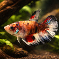 Betta spl. female Halfmoon Koi XL — tropical fish for sale UK — AI hero driftwood view
