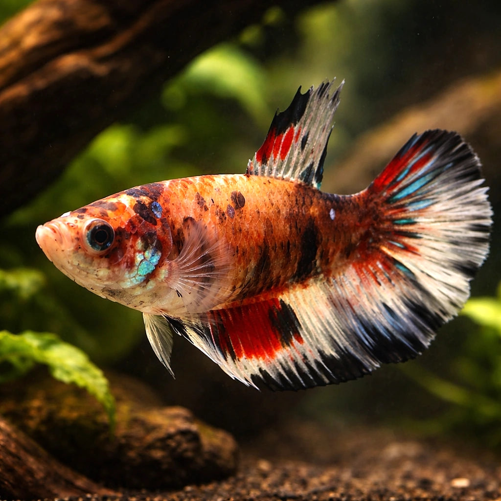 Betta spl. female Halfmoon Koi XL — tropical fish for sale UK — AI hero driftwood view