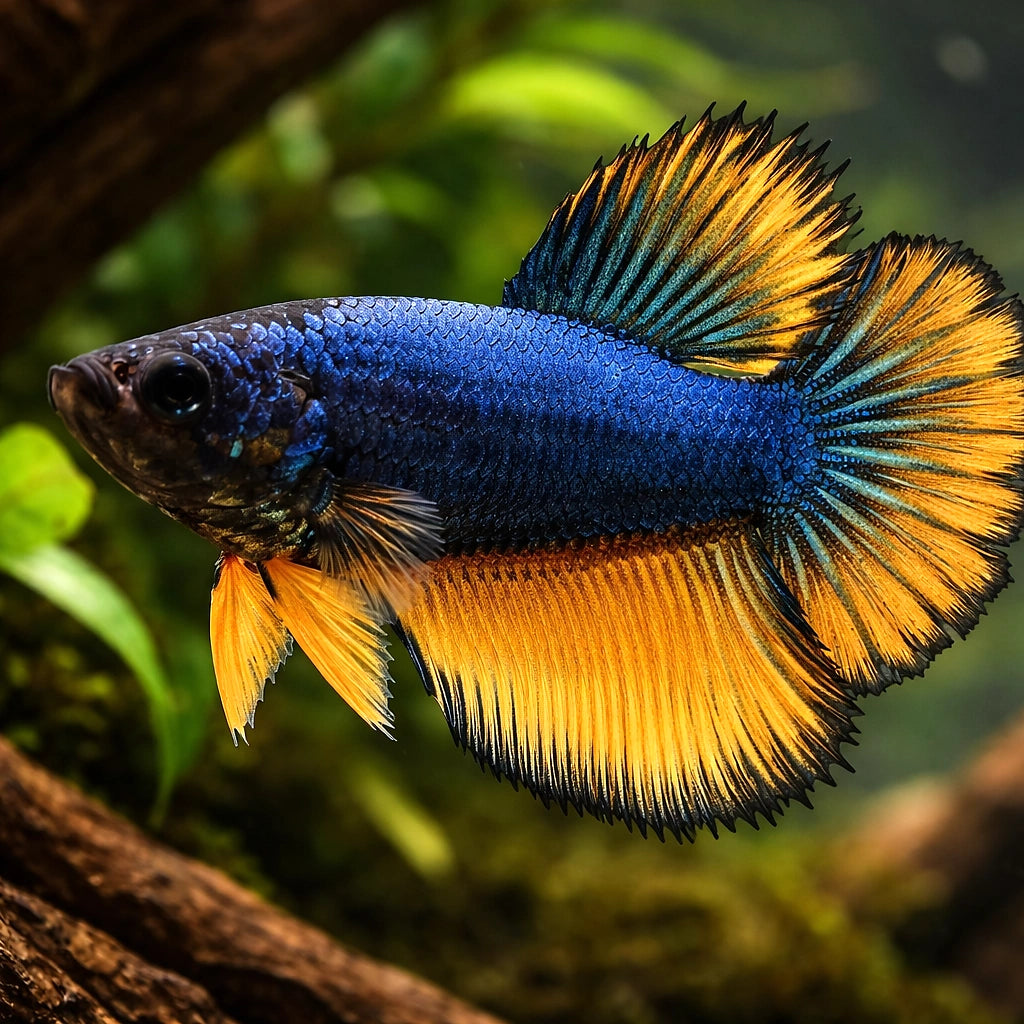 Betta spl. female Halfmoon Mustard XL — tropical fish for sale UK — AI hero driftwood view
