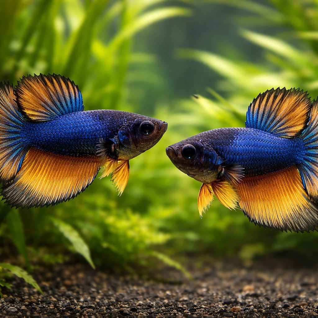 Betta spl. female Halfmoon Mustard XL — tropical fish for sale UK — AI pair planted view