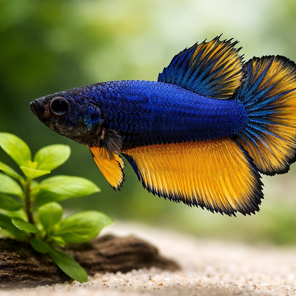Betta spl. female Halfmoon Mustard XL — tropical fish for sale UK — AI scale plant view