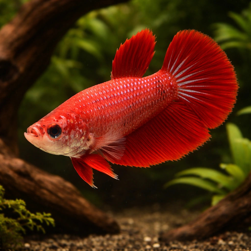 Betta spl. female Halfmoon red XL — tropical fish for sale UK — AI hero driftwood view