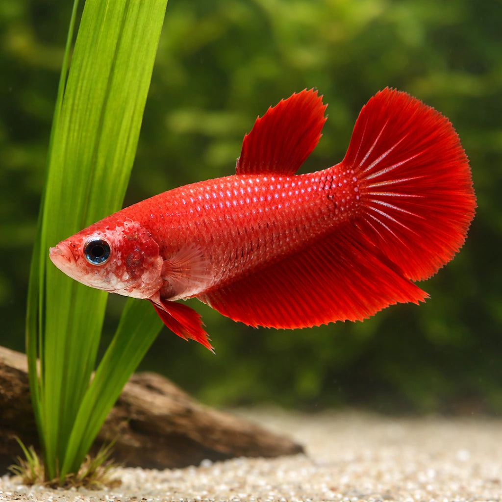 Betta spl. female Halfmoon red XL — tropical fish for sale UK — AI scale plant view