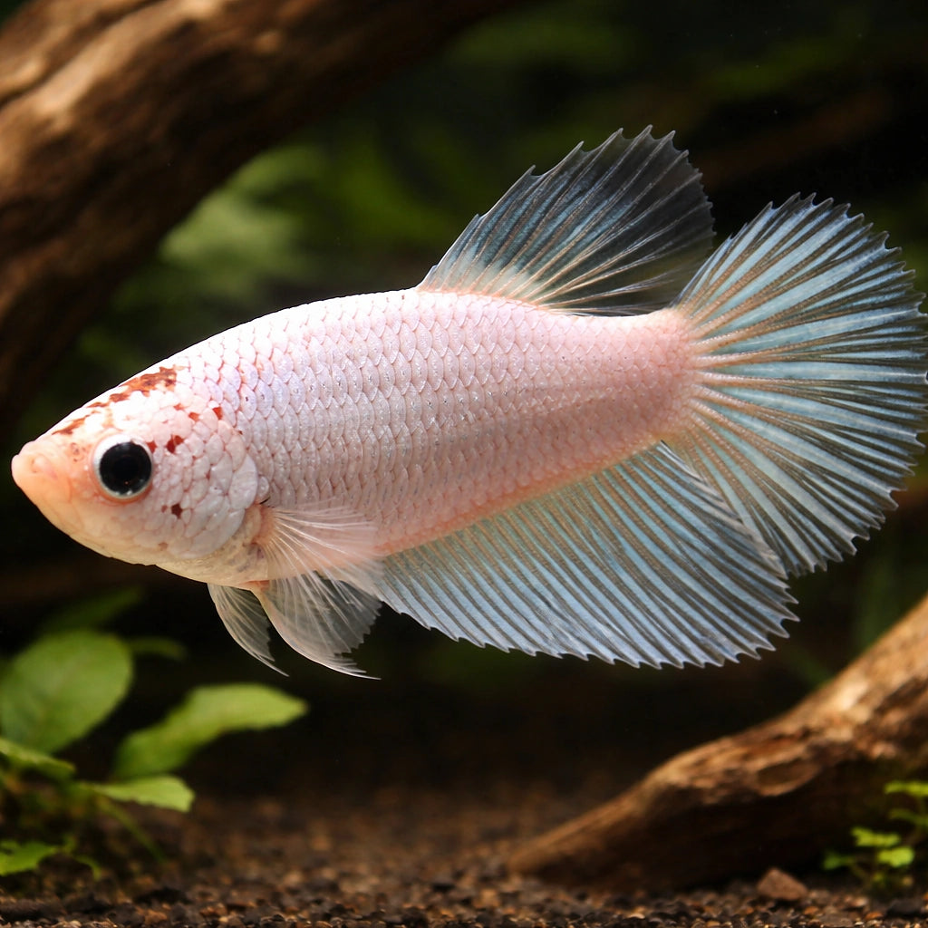 Betta spl. female Halfmoon White XL — tropical fish for sale UK — AI hero driftwood view